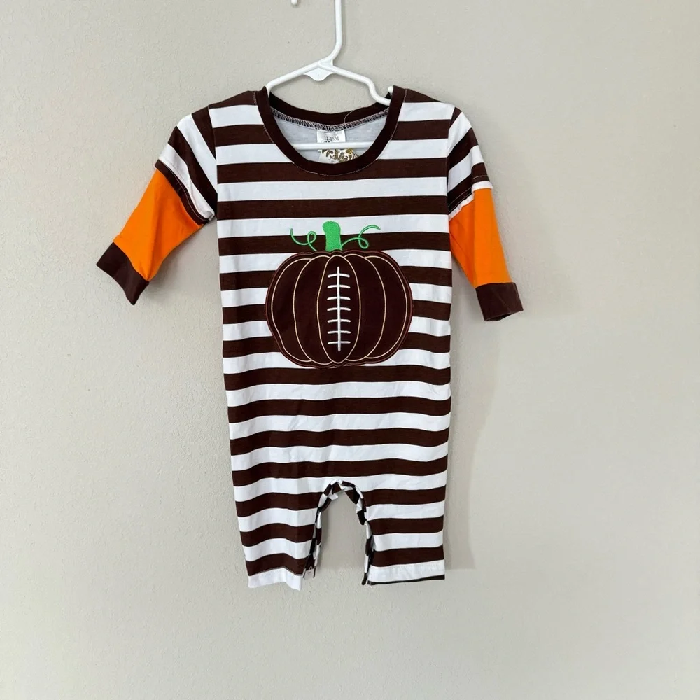 NWT Romper Baby 12-18M Brown Football Pumpkin Striped Fall Long Sleeve One Piece
